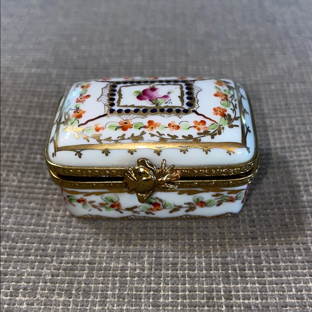 Limoges Porcelain Floral Trinket Box with Gold Accents